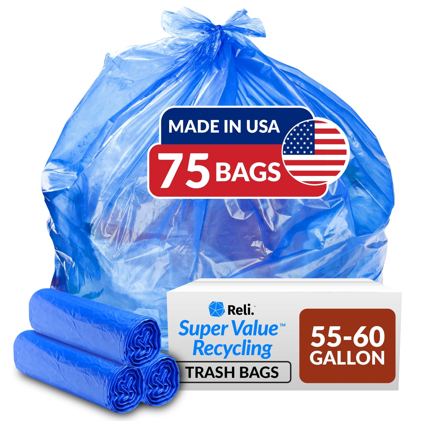 Reli. Blue 55-60 Gal Recycling Bags | 75 Pack | Heavy Duty | USA Made