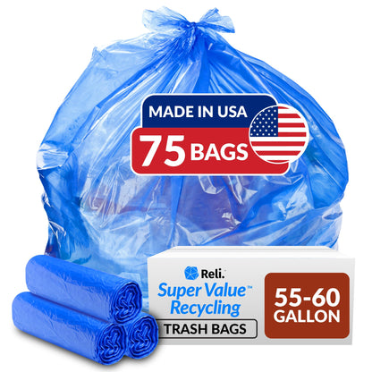 Reli. Blue 55-60 Gal Recycling Bags | 75 Pack | Heavy Duty | USA Made