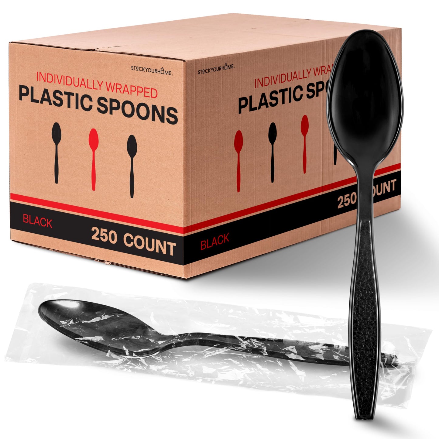 Stock Your Home Individually Wrapped Spoons 250 Count Heavyweight Plastic Spoons Plasticware Disposable Spoons Bulk Pack Individual Wrapped Spoons Heavy Duty Plastic Utensils for Party Supplies